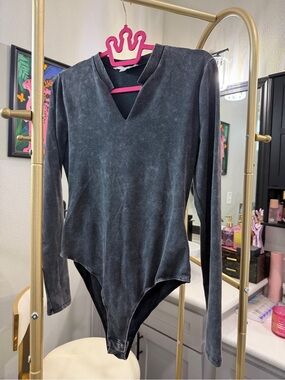 Washed Black V-Neck Long Sleeve Bodysuit
